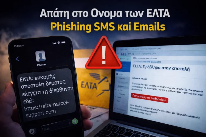 Κινητό τηλέφωνο και φορητός υπολογιστής εμφανίζουν ψεύτικα μηνύματα αποστολής δέματος στο όνομα των ΕΛΤΑ με προειδοποιητικό σύμβολο απάτης