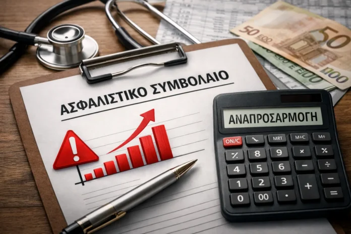 Ασφαλιστικό συμβόλαιο σε clipboard με διάγραμμα αύξησης και αριθμομηχανή που γράφει «Αναπροσαρμογή», δίπλα σε στηθοσκόπιο σε περιβάλλον γραφείου