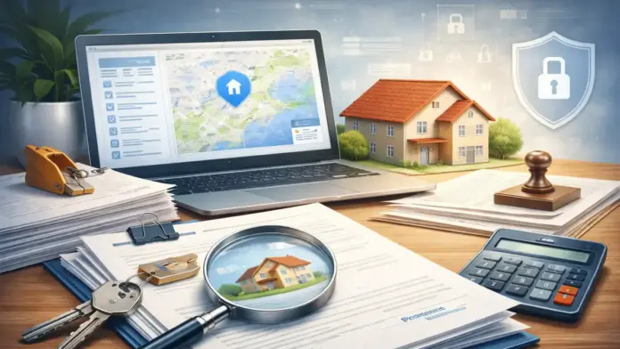 Institutional illustration of a property documentation workspace with a laptop showing a map-based home icon, legal papers, keys, and a notary stamp, representing digital ownership and asset verification.