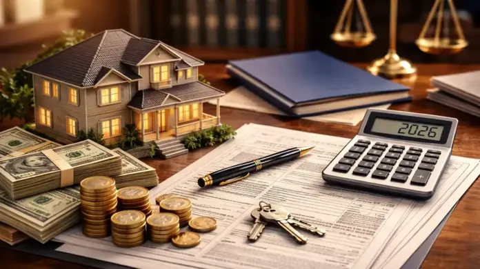 American-style editorial image of a model house on a desk with property paperwork, bundled cash, stacked coins, keys, a pen, and a calculator displaying 2026, symbolizing asset documentation and compliance.