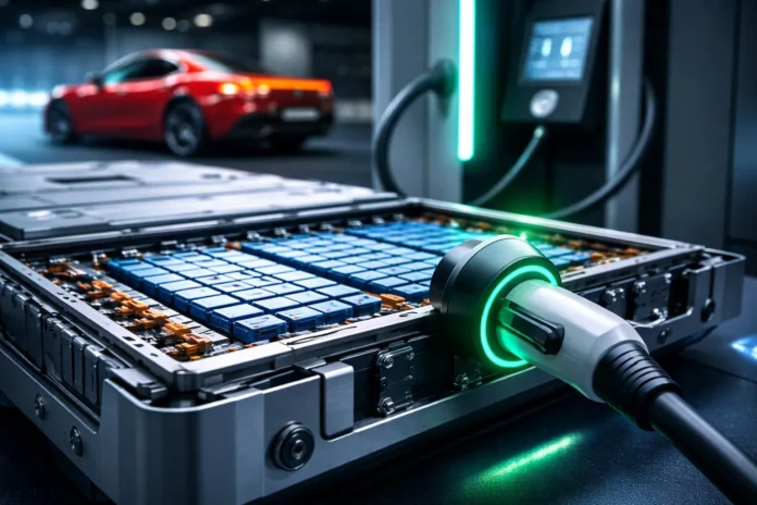 Κοντινό πλάνο σε μπαταρία ηλεκτρικού αυτοκινήτου συνδεδεμένη σε σταθμό ταχείας φόρτισης