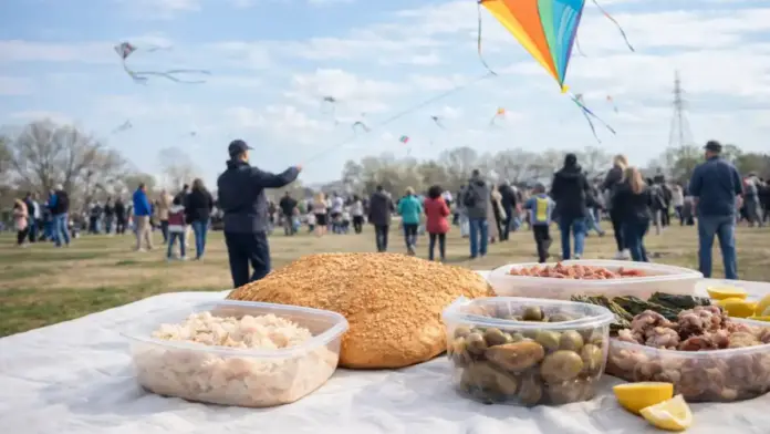Outdoor Clean Monday scene in Greece with people flying kites in a park and a simple Lenten picnic table in the foreground.
