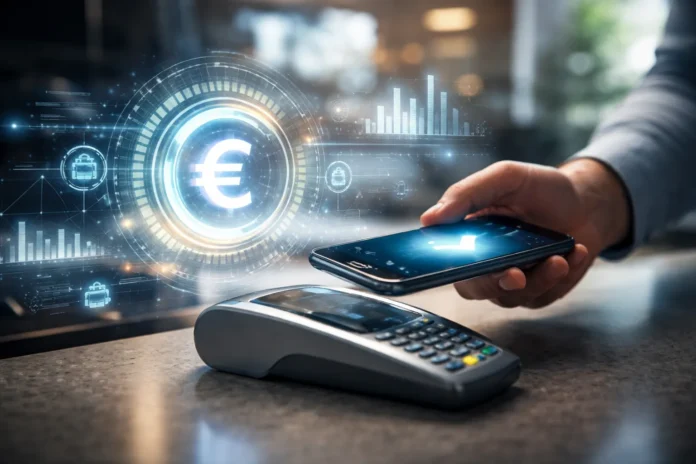 Person making a contactless mobile payment with visual elements representing digital currency and modern banking technology