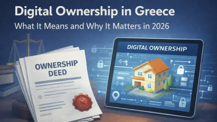 Institutional visual showing an ownership deed and a tablet with a digital home icon on a secure network background, symbolizing digital ownership records in Greece in 2026.