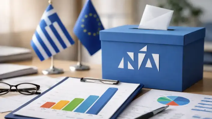 Θεσμική φωτογραφία κάλπης και εγγράφων δημοσκόπησης σε γραφείο, με ελληνική και ευρωπαϊκή σημαία στο φόντο, χωρίς κείμενο πάνω στην εικόνα.