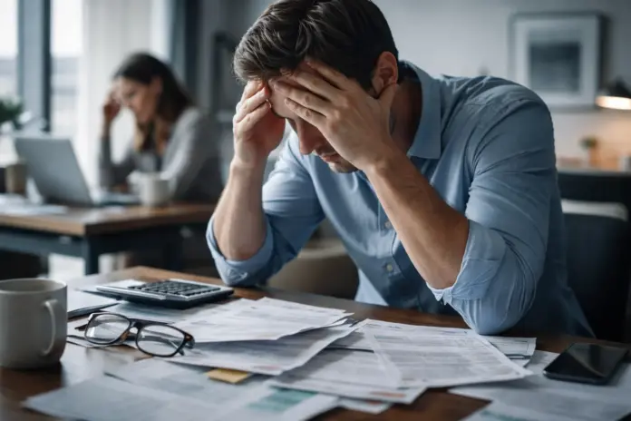 Office scene showing an overwhelmed worker at a desk with scattered bills and documents, illustrating financial stress and economic pressure on employees.