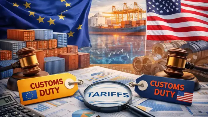 Θεσμική newsroom εικόνα για το update δασμών ΕΕ–ΗΠΑ με σημαίες Ευρωπαϊκής Ένωσης και ΗΠΑ, λιμάνι με εμπορευματοκιβώτια και στοιχεία ανάλυσης εμπορίου.