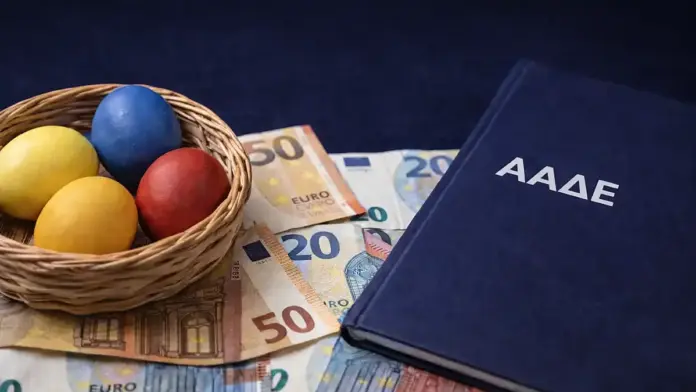 Σκόρπια χαρτονομίσματα ευρώ δίπλα σε φάκελο ΑΑΔΕ και πασχαλινά αυγά σε καλάθι, θεσμική εικόνα για έκτακτη ενίσχυση πριν το Πάσχα