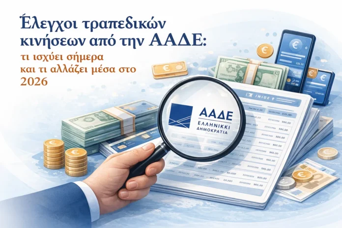 Μεγεθυντικός φακός πάνω σε τραπεζική κίνηση και στοιχεία συναλλαγών, σε συμβολική εικόνα για φορολογικούς ελέγχους.