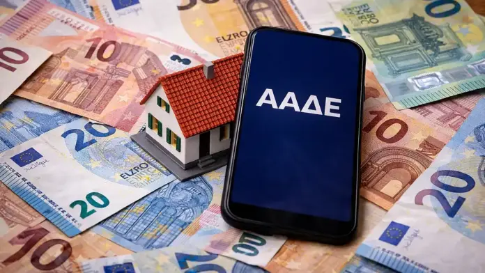 Σκόρπια χαρτονομίσματα ευρώ γύρω από μικρό σπιτάκι, με κινητό που γράφει «ΑΑΔΕ», ενδεικτική εικόνα για ΕΝΦΙΑ και φόρους ακινήτων