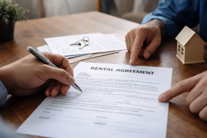 Signing a residential rental agreement in a home setting