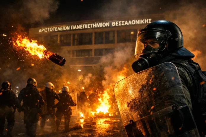 Αστυνομικές δυνάμεις έξω από το ΑΠΘ στη Θεσσαλονίκη μετά από επεισόδια και προσαγωγές