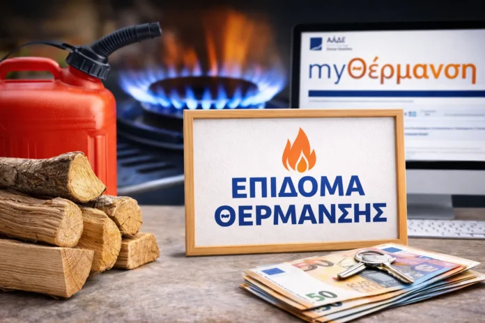 Εικόνα για το Επίδομα Θέρμανσης με καύσιμα θέρμανσης και οθόνη που παραπέμπει στην πλατφόρμα myΘέρμανση της ΑΑΔΕ