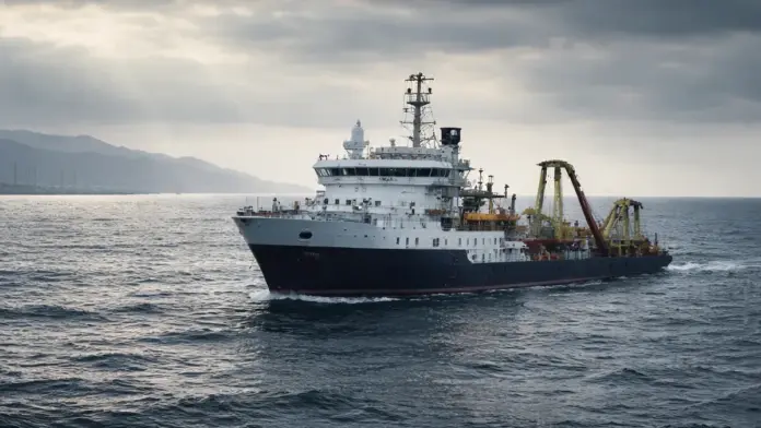 Ερευνητικό πλοίο στο Αιγαίο κάτω από χαμηλό ουρανό, με αχνή ακτογραμμή και ενεργειακές υποδομές στον ορίζοντα