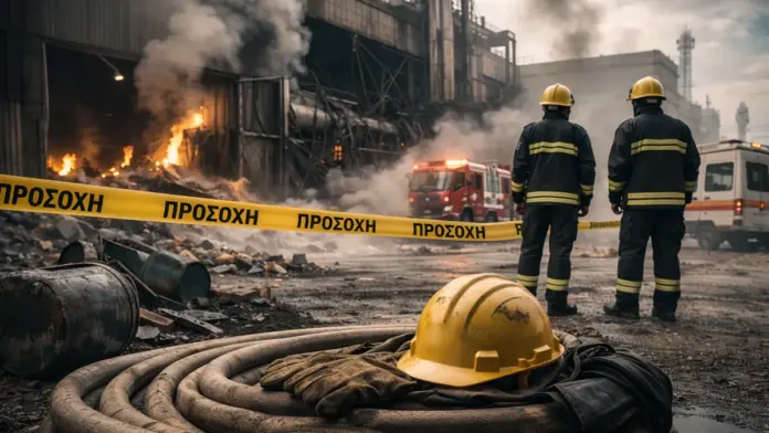 Σκηνή βιομηχανικού ατυχήματος με κορδέλα «ΠΡΟΣΟΧΗ», καπνό και συνεργεία έκτακτης ανάγκης στον χώρο