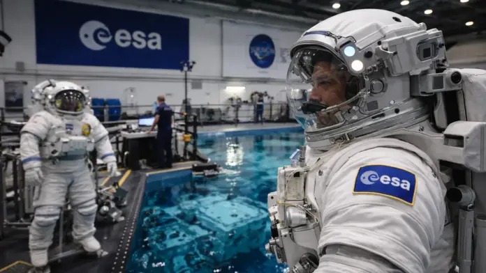 Astronaut training inside a neutral buoyancy facility with a large pool and technicians in the background