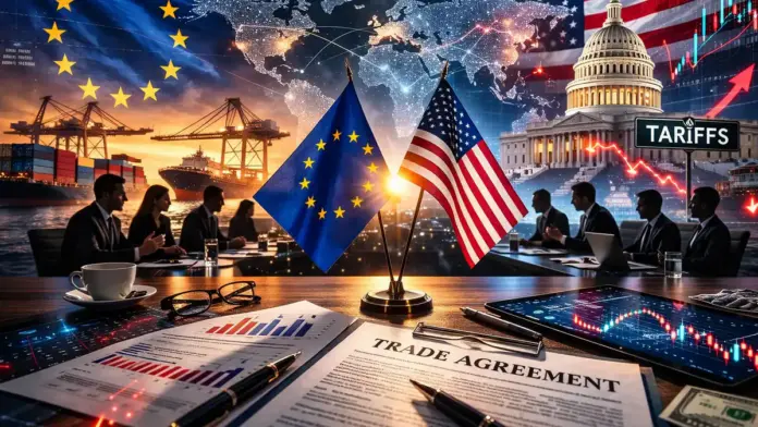 Newsroom-style featured image illustrating EU–US tariff tensions, with EU and US flags, a U.S. Capitol backdrop, shipping containers at a port, and market chart visuals.