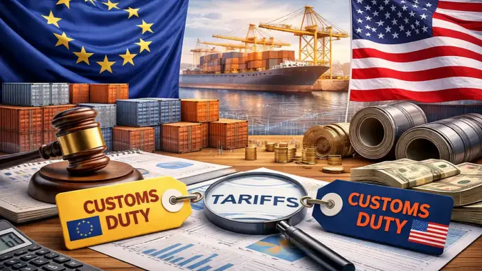 US editorial-style featured image on EU–US tariffs, showing EU and US flags, a container port with a cargo ship, trade paperwork, and tariff-related labels on a desk.