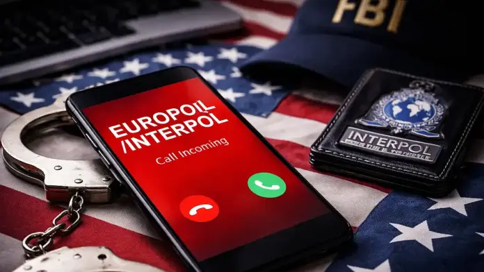 Smartphone showing an incoming call labeled Europol/Interpol on a US-style newsroom desk, illustrating a phone scam that claims you are under investigation