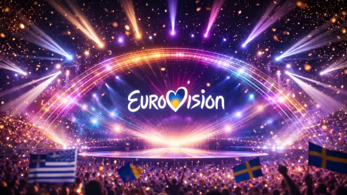 Σκηνή διαγωνισμού τραγουδιού με έντονα φώτα, LED οθόνες και κομφετί, σε γιορταστική ατμόσφαιρα