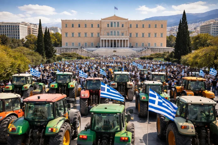 Farmers’ tractors in front of the Hellenic Parliament during an agricultural protest in Athens