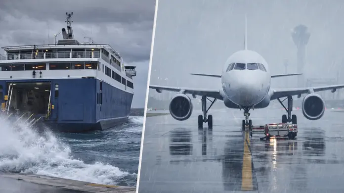 Λιμάνι και αεροδρόμιο σε κακοκαιρία, με έντονο άνεμο και χαμηλή ορατότητα που επηρεάζουν μετακινήσεις