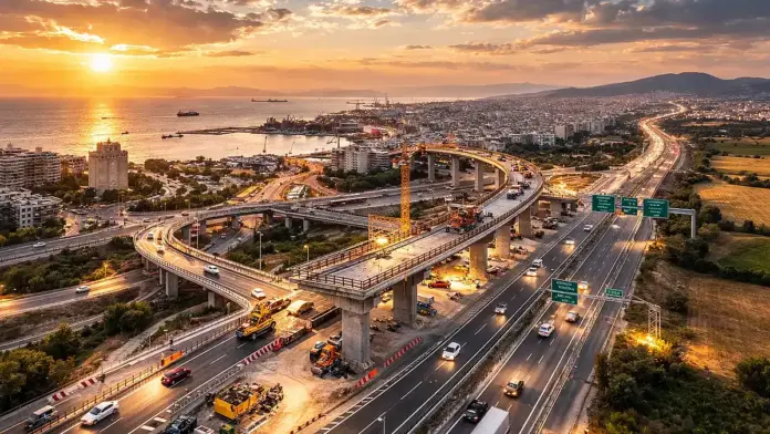 Εναέρια λήψη εργοταξίου ανισόπεδου κόμβου με υπερυψωμένη γέφυρα κοντά στη Θεσσαλονίκη, με κίνηση στον αυτοκινητόδρομο και θέα προς τον Θερμαϊκό.