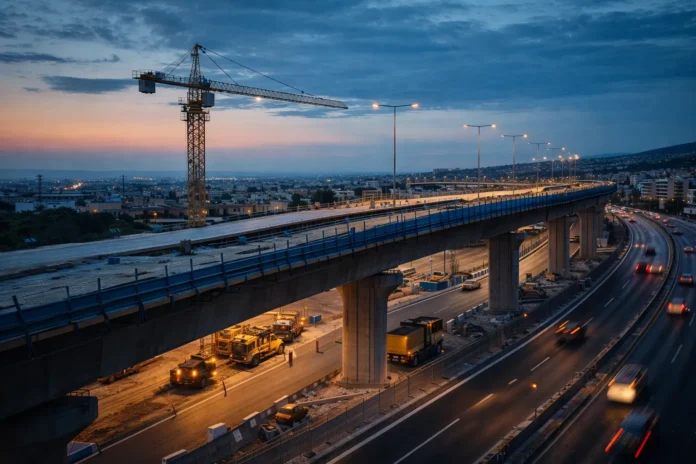 Εργασίες στο Flyover Θεσσαλονίκης πάνω από την Περιφερειακή Οδό, με κίνηση οχημάτων και εργοτάξιο στο σούρουπο