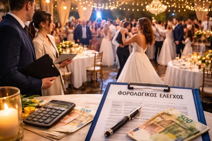 Σκηνή δεξίωσης γάμου με παρουσία επαγγελματιών και έγγραφα φορολογικού ελέγχου που σχετίζονται με υπηρεσίες εκδήλωσης