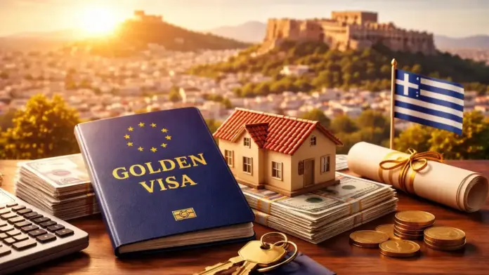 Θεσμική εικόνα για Golden Visa στην Ελλάδα: συμβολική απεικόνιση επένδυσης σε ακίνητο με κλειδιά, μοντέλο κατοικίας και ευρώ σε επαγγελματικό περιβάλλον, με φόντο αστικό τοπίο, κάδρο ασφαλές για 16:9.