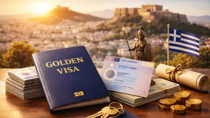Θεσμική εικόνα για Golden Visa στην Ελλάδα: γραφείο με έγγραφα/κάρτες διαμονής, ευρώ και συμβολικά στοιχεία, με φόντο την Αθήνα και την Ακρόπολη. Κάδρο ασφαλές για περικοπή 16:9.