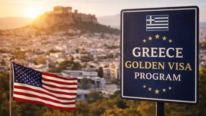 Institutional, US-style visual for Greece’s Golden Visa: a clean program sign in the foreground with Athens and the Acropolis in the background and an American flag element; composed for safe 16:9 cropping with generous margins.