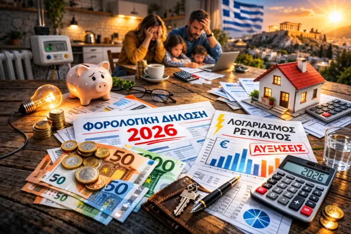 Ελληνικό νοικοκυριό το 2026 με φορολογική δήλωση και λογαριασμό ρεύματος στο τραπέζι, σύμβολο οικονομικής πίεσης