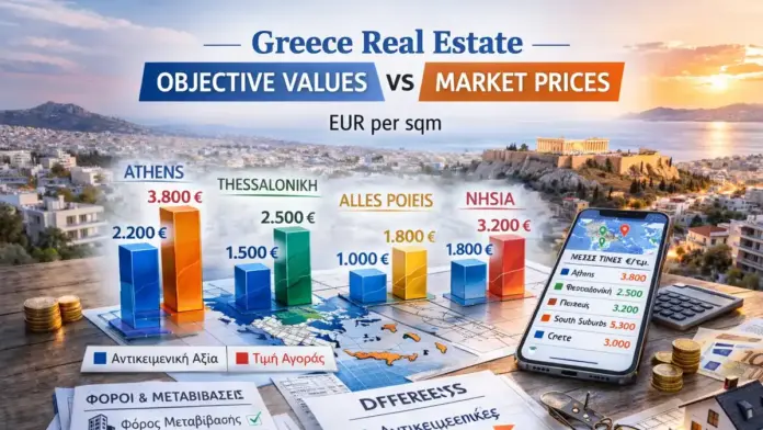 nfographic comparing Greece real estate objective tax values vs market prices (EUR per sqm) with Athens skyline in the background.