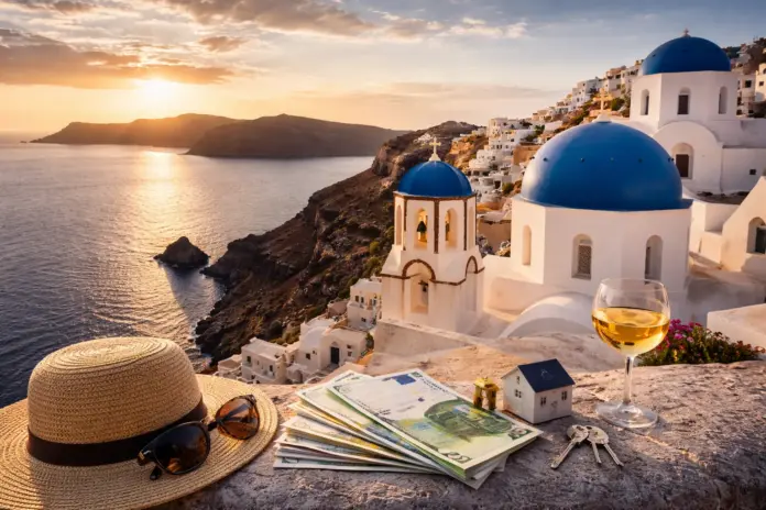 Scenic Greek coastal village at sunset symbolizing Greece as a top retirement destination in 2026