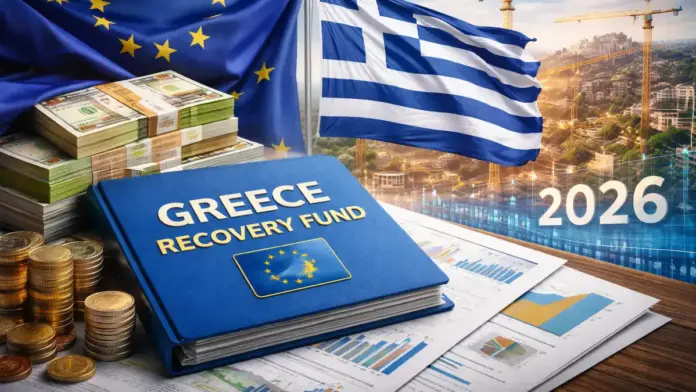 US newsroom-style composite image illustrating Greece’s EU Recovery Fund timeline toward 2026, with EU and Greek flags, euro cash, financial documents, and infrastructure cranes in the background.