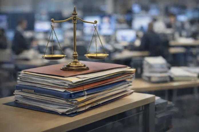 Scales of justice on folders inside a newsroom environment