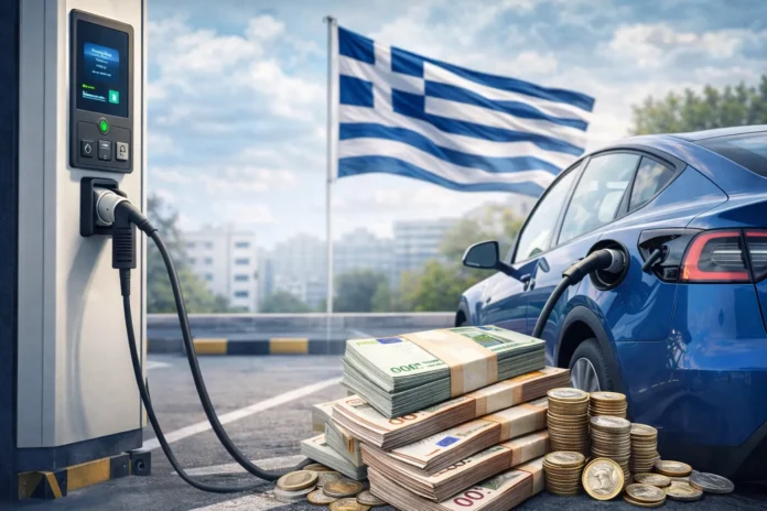 Ηλεκτρικό αυτοκίνητο σε σταθμό φόρτισης στην Ελλάδα, συμβολική εικόνα για επιδότηση και κόστος αγοράς.