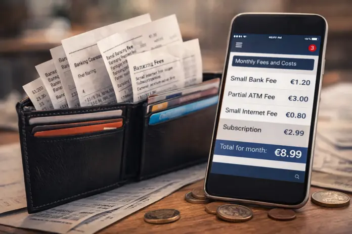 Open wallet with receipts and smartphone showing small banking and subscription fees, symbolizing invisible household expenses