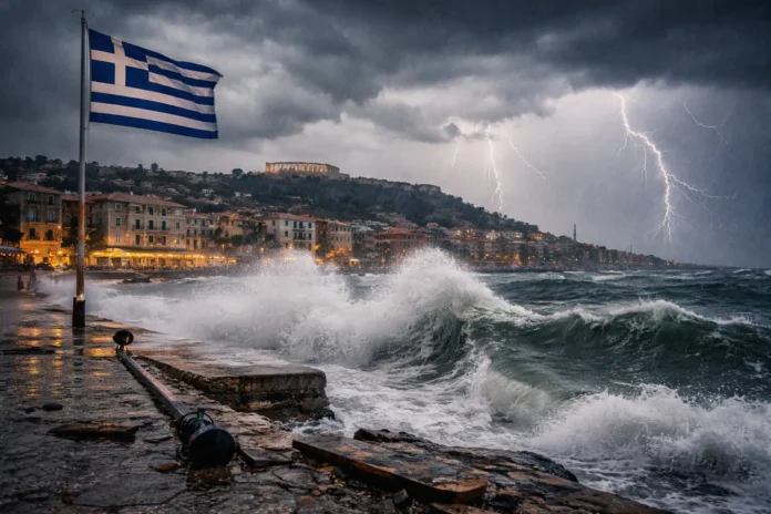 Μεγάλα κύματα χτυπούν παραλιακό δρόμο κατά τη διάρκεια έντονης καταιγίδας, με σκοτεινά σύννεφα και αστραπές στον ουρανό