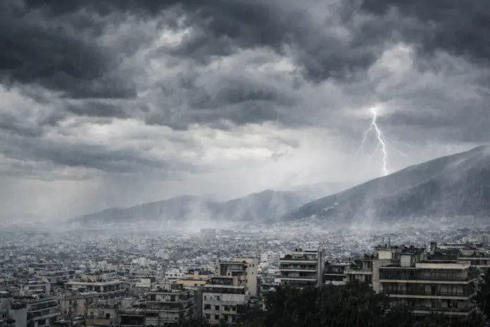 Severe weather over Greece with dense clouds and heavy rainfall