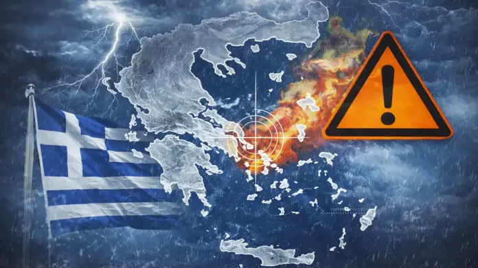 Συμβολική εικόνα κακοκαιρίας πάνω από χάρτη της Ελλάδας με βροχή και κεραυνούς, με εικονίδιο προειδοποίησης
