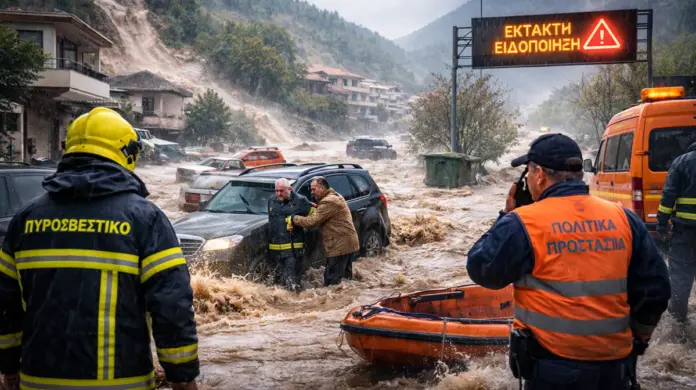 Διασώστες επιχειρούν σε πλημμυρισμένο δρόμο με ορμητικά νερά, όχημα διάσωσης και βροχερό καιρό σε κατοικημένη περιοχή
