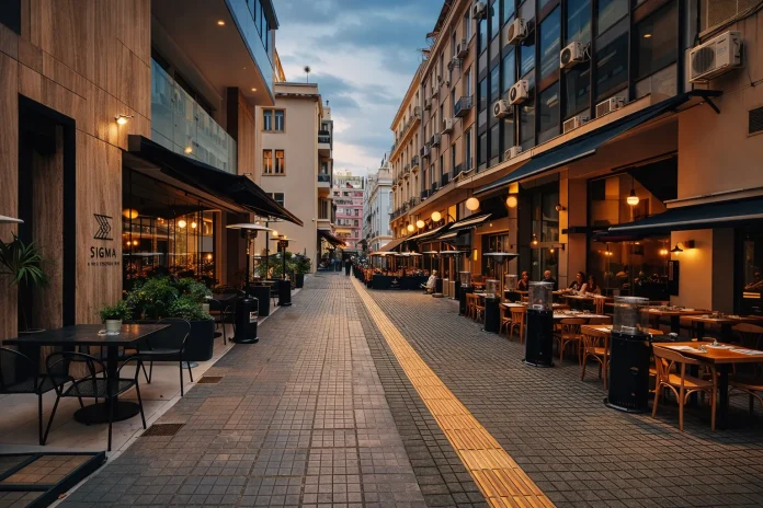 Kalapothaki Street in Thessaloniki with tavernas and outdoor dining in the city center
