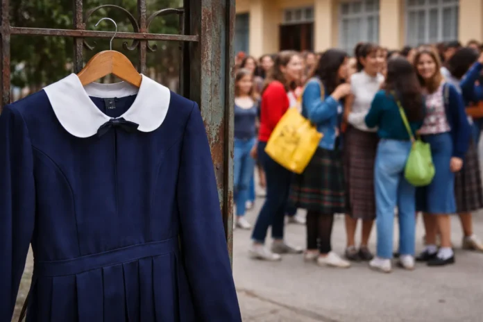 Σχολική ποδιά κρεμασμένη σε κρεμάστρα μπροστά από σχολείο, ως συμβολική εικόνα για την κατάργηση της ποδιάς το 1982