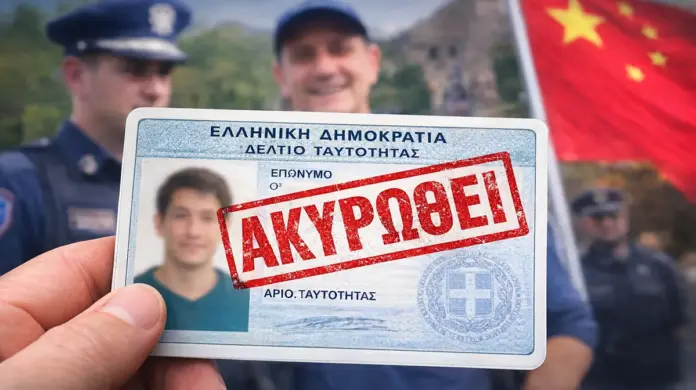 Κοντινό πλάνο σε ελληνικό δελτίο ταυτότητας με σφραγίδα «ΑΚΥΡΩΘΕΙ», συμβολική απεικόνιση ανάκλησης εγγράφου στο πλαίσιο υπόθεσης ασφάλειας