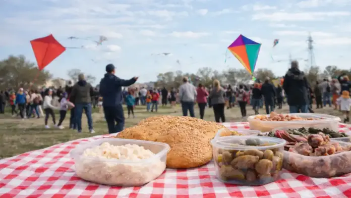 Υπαίθριο σκηνικό Καθαράς Δευτέρας με λαγάνα και νηστίσιμα σε τραπέζι, ενώ στο βάθος πετούν χαρταετοί σε ανοιχτό χώρο.