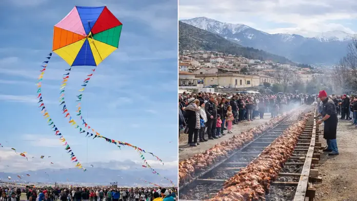 Θεσμική εικόνα για την Καθαρά Δευτέρα και τα Κούλουμα με χαρταετό στον ουρανό και υπαίθρια γιορτινή ατμόσφαιρα σε ανοιχτό χώρο.