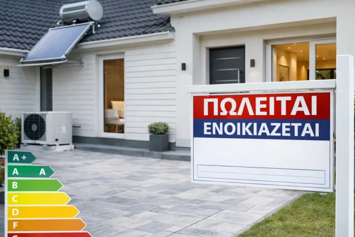 Πινακίδα «Πωλείται/Ενοικιάζεται» μπροστά από κατοικία με στοιχεία ενεργειακής αναβάθμισης (ηλιακό σύστημα, αντλία θερμότητας)
