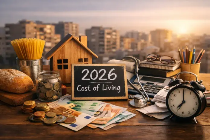 Still life with a small house model, coins, banknotes, and a calculator illustrating a household’s cost of living in 2026.